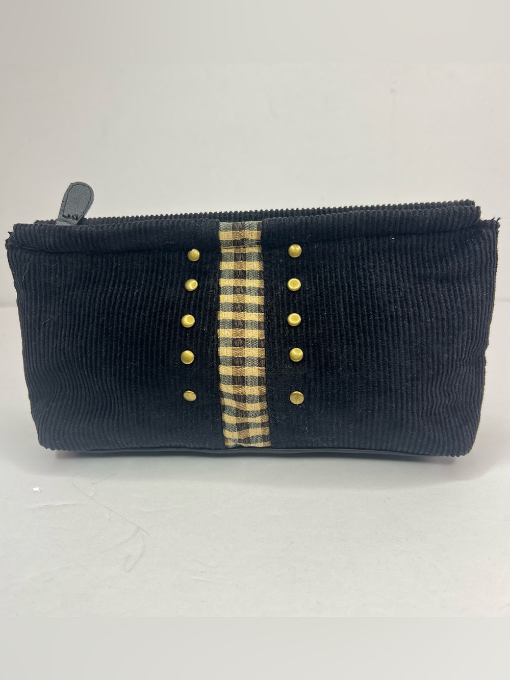Longaberger Black Corduroy Clutch with Gold and Plaid Accents